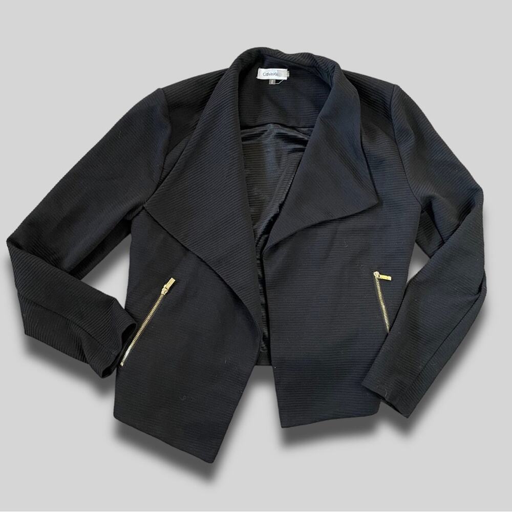 CALVIN KLEIN OPEN FRONT BLAZER EXPOSED ZIPPER POCKETS BLACK - M